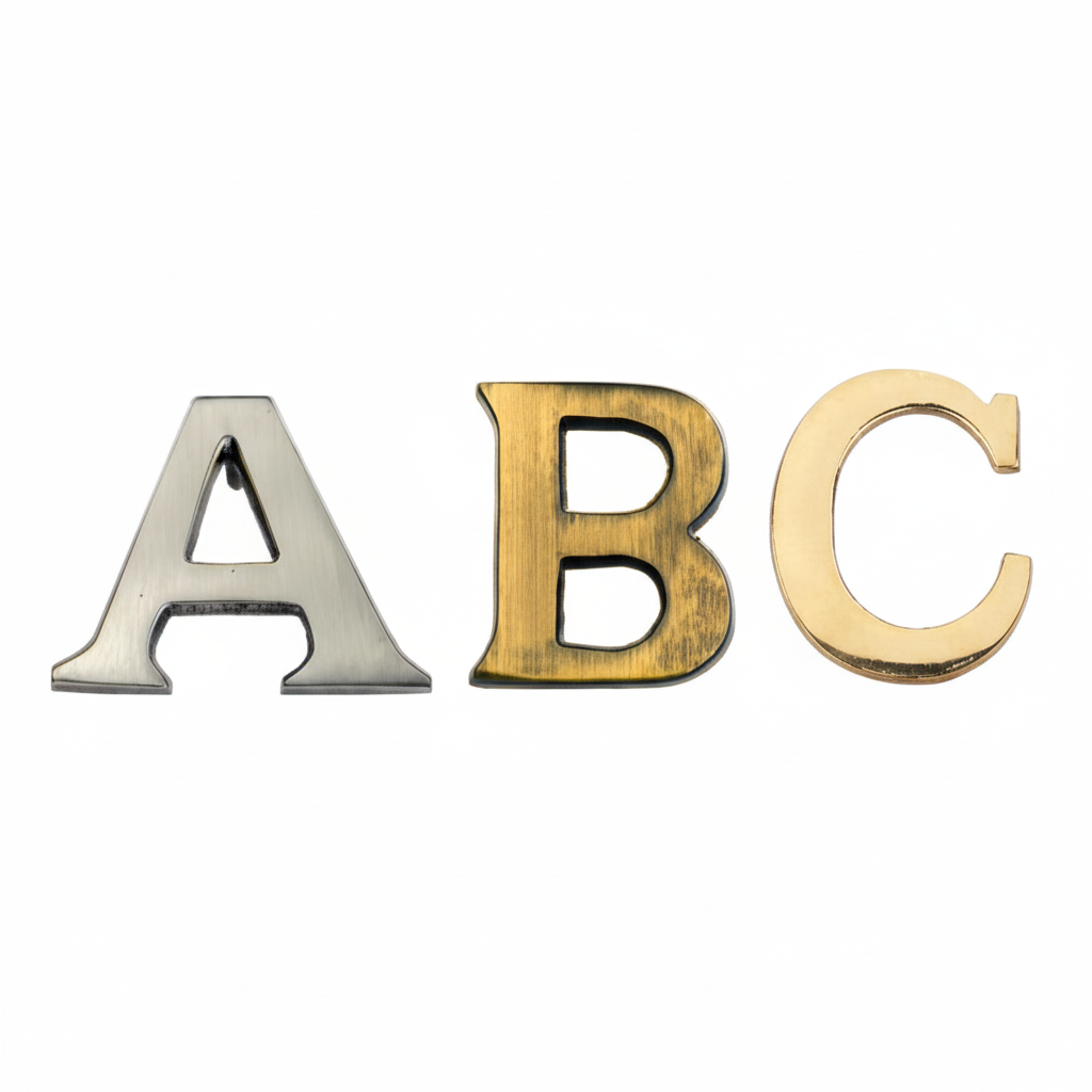 Luxury metal house address alphabets featuring Letter A in satin, Letter B in antique brass, and Letter C in gold finishes made from durable zinc alloy.