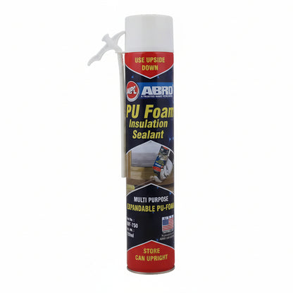 A 750ml can of ABRO PU Foam Insulation Sealant with an applicator straw included. This multi-purpose expandable polyurethane foam is designed for sealing, insulating, and filling gaps in home construction and repair projects.