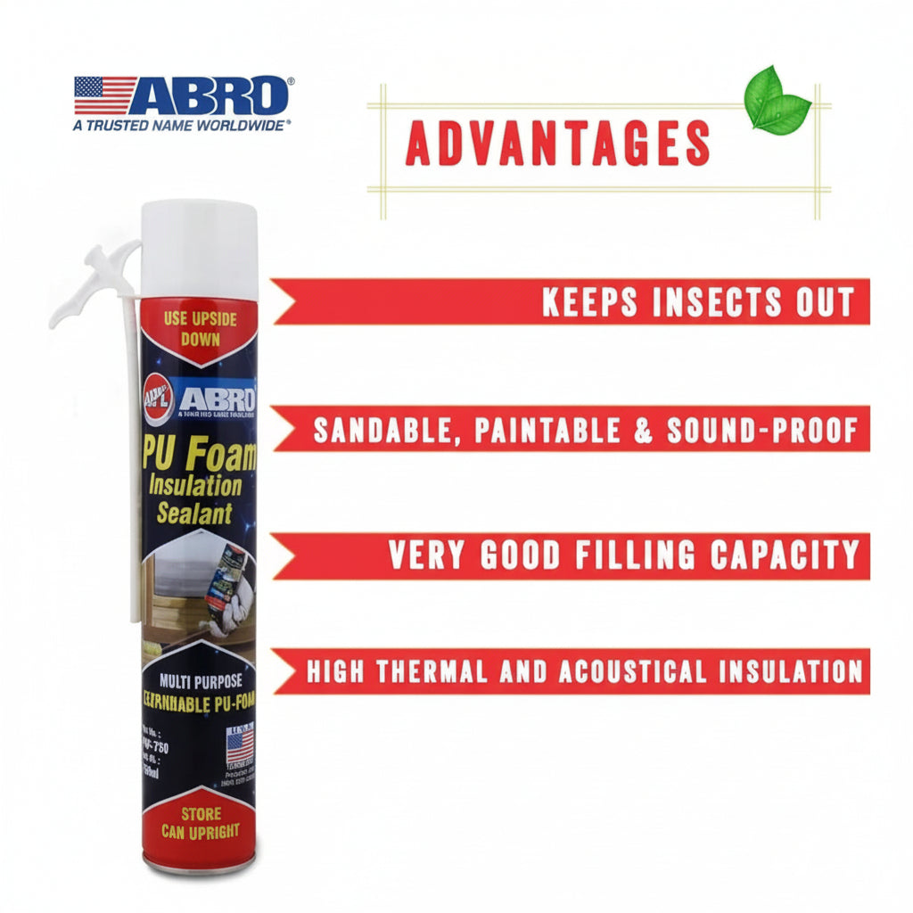An infographic showcasing the advantages of ABRO PU Foam Insulation Sealant. Key benefits highlighted include keeping insects out, being sandable and paintable, high filling capacity, and providing thermal and acoustical insulation.