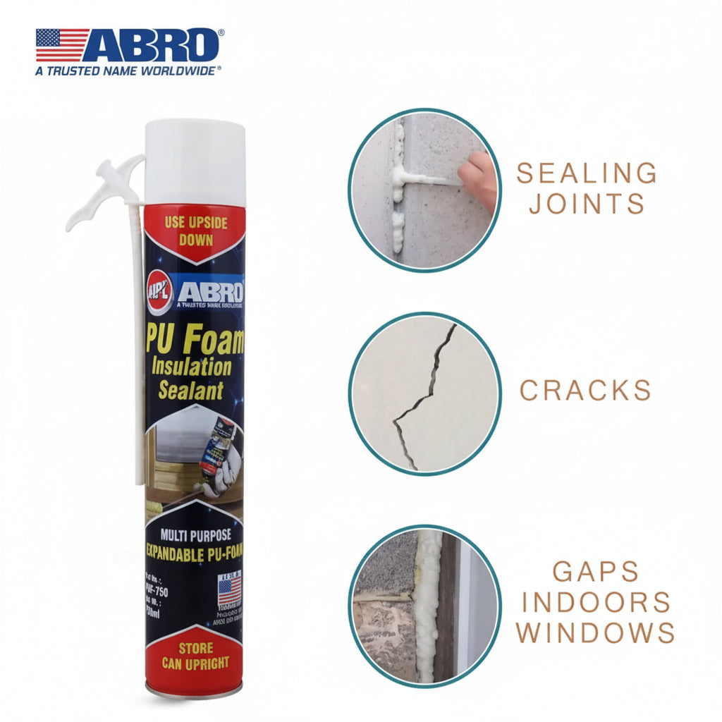 An instructional graphic for ABRO PU Foam Insulation Sealant showing three common applications: sealing joints, filling cracks in walls, and closing indoor gaps around windows. A can of the multi-purpose expandable PU foam is pictured alongside demonstration images for home repair.