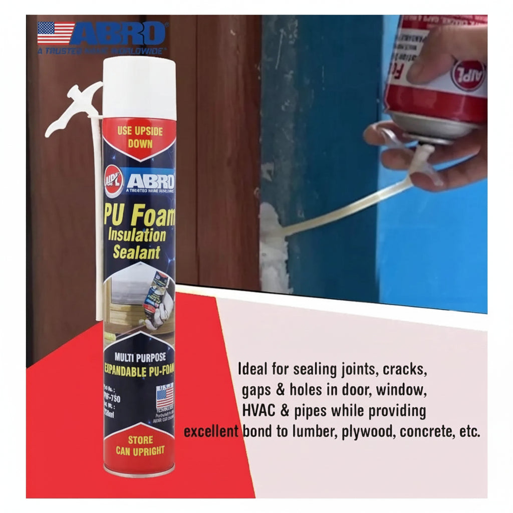 A person applying ABRO PU Foam Insulation Sealant to fill a gap between a door frame and a wall. This expandable foam is ideal for sealing cracks, holes, and joints in doors, windows, HVAC, and pipes, bonding to lumber, plywood, and concrete.