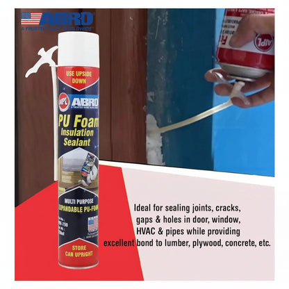 A person applying ABRO PU Foam Insulation Sealant to fill a gap between a door frame and a wall. This expandable foam is ideal for sealing cracks, holes, and joints in doors, windows, HVAC, and pipes, bonding to lumber, plywood, and concrete.