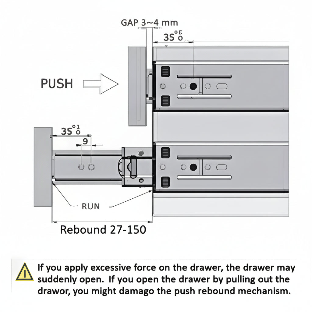 A detailed technical installation diagram for a push-to-open drawer runner system. The schematic highlights a required 3-4mm gap for the rebound mechanism, a rebound range of 27-150, and specific mounting measurements for handle-less cabinet drawers, accompanied by a warning regarding excessive force and proper operation.