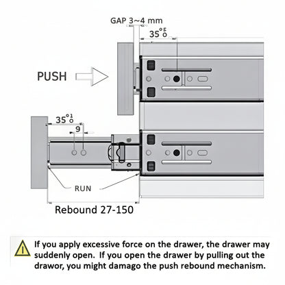 A detailed technical installation diagram for a push-to-open drawer runner system. The schematic highlights a required 3-4mm gap for the rebound mechanism, a rebound range of 27-150, and specific mounting measurements for handle-less cabinet drawers, accompanied by a warning regarding excessive force and proper operation.