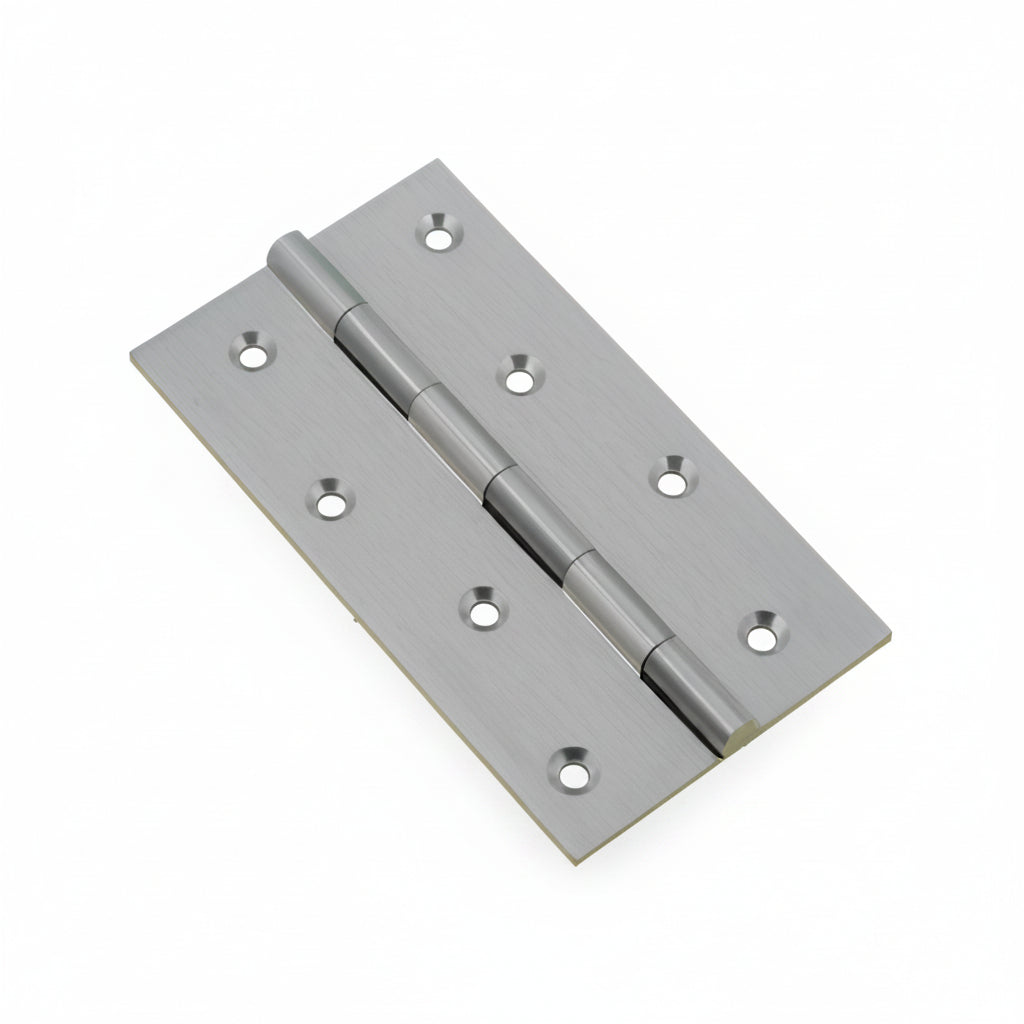 A high-quality brass butt hinge featuring a premium rhodium satin finish. The image shows a durable five-knuckle design with eight countersunk screw holes, ideal for heavy-duty door and cabinet installations.