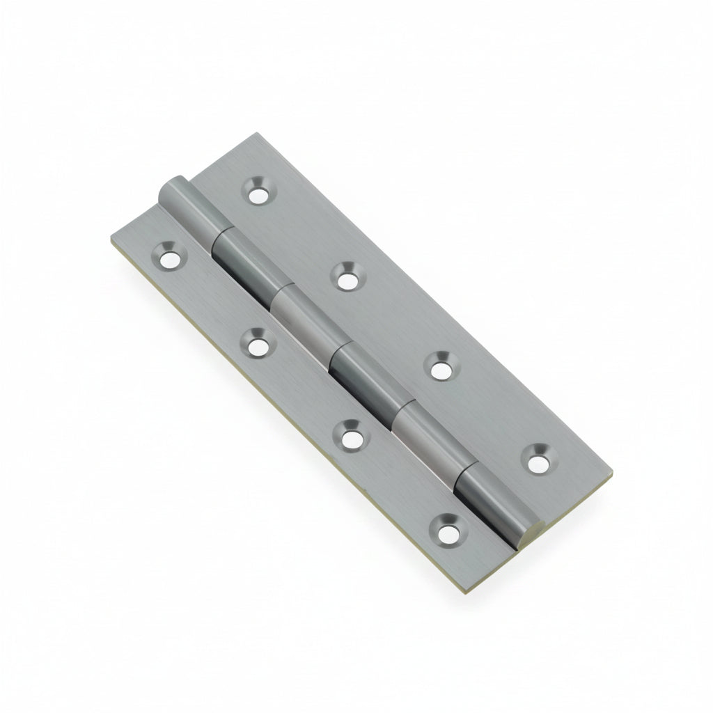 A high-quality brass butt hinge featuring a sleek rhodium satin finish. This durable door hinge includes eight countersunk screw holes and a five-knuckle design, perfect for heavy-duty cabinet and door installations.