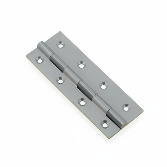 A high-quality brass butt hinge featuring a sleek rhodium satin finish. This durable door hinge includes eight countersunk screw holes and a five-knuckle design, perfect for heavy-duty cabinet and door installations.