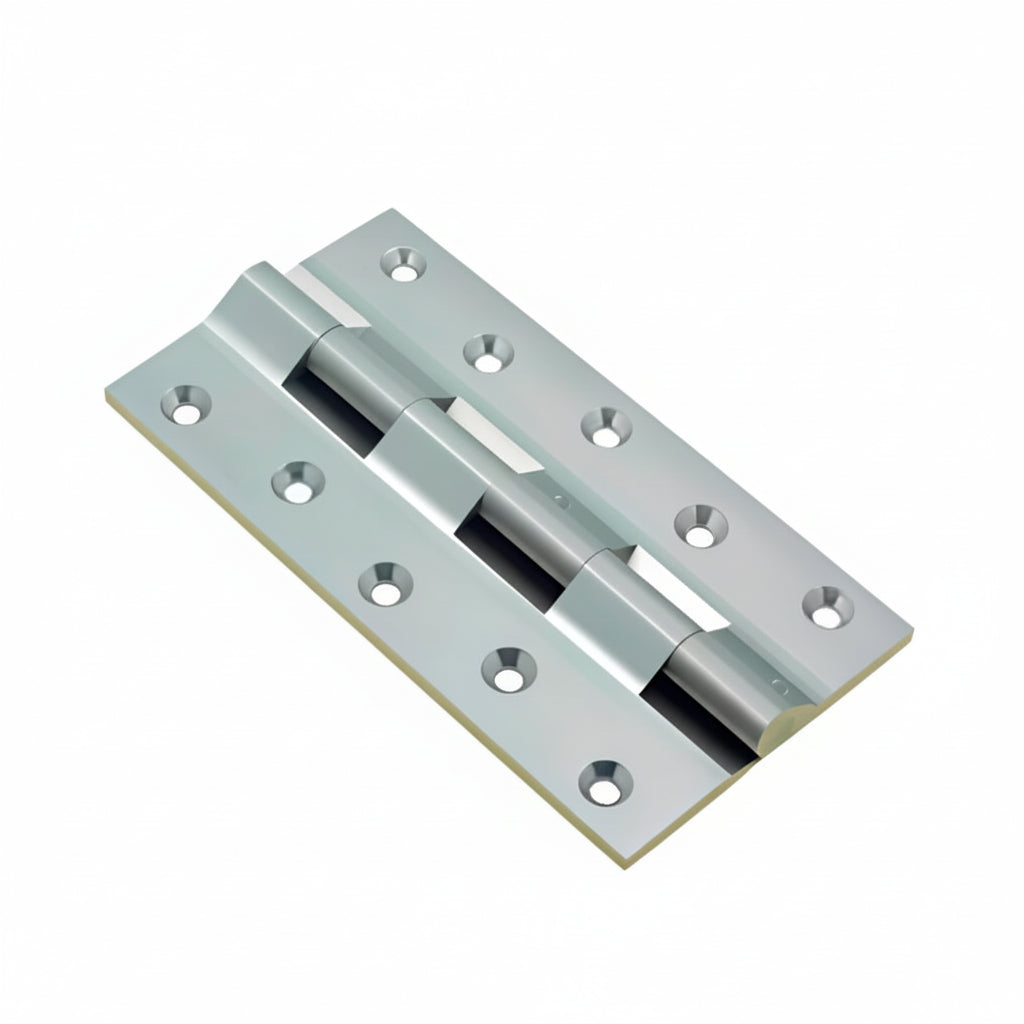 A premium brass railway hinge featuring a sleek rhodium satin finish. This heavy-duty door hinge includes ten countersunk screw holes and a robust five-knuckle design, ideal for large doors, gates, and industrial furniture hardware.