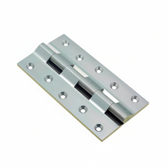 A premium brass railway hinge featuring a sleek rhodium satin finish. This heavy-duty door hinge includes ten countersunk screw holes and a robust five-knuckle design, ideal for large doors, gates, and industrial furniture hardware.