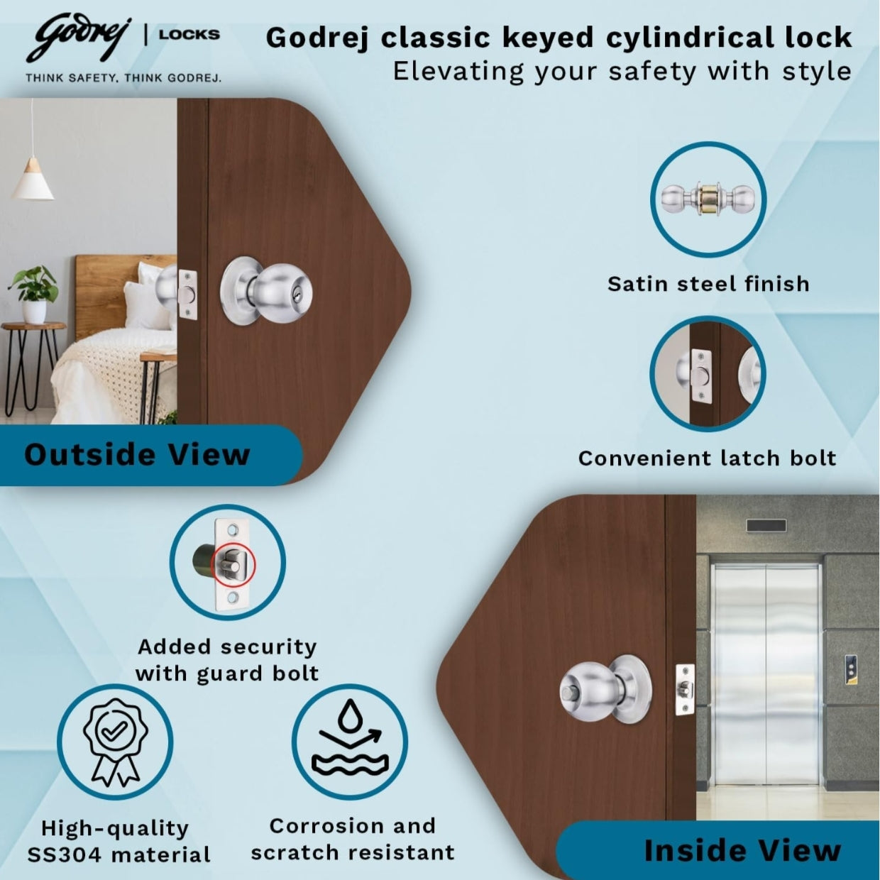 Godrej Cylinder Lock with Key | Satin finish