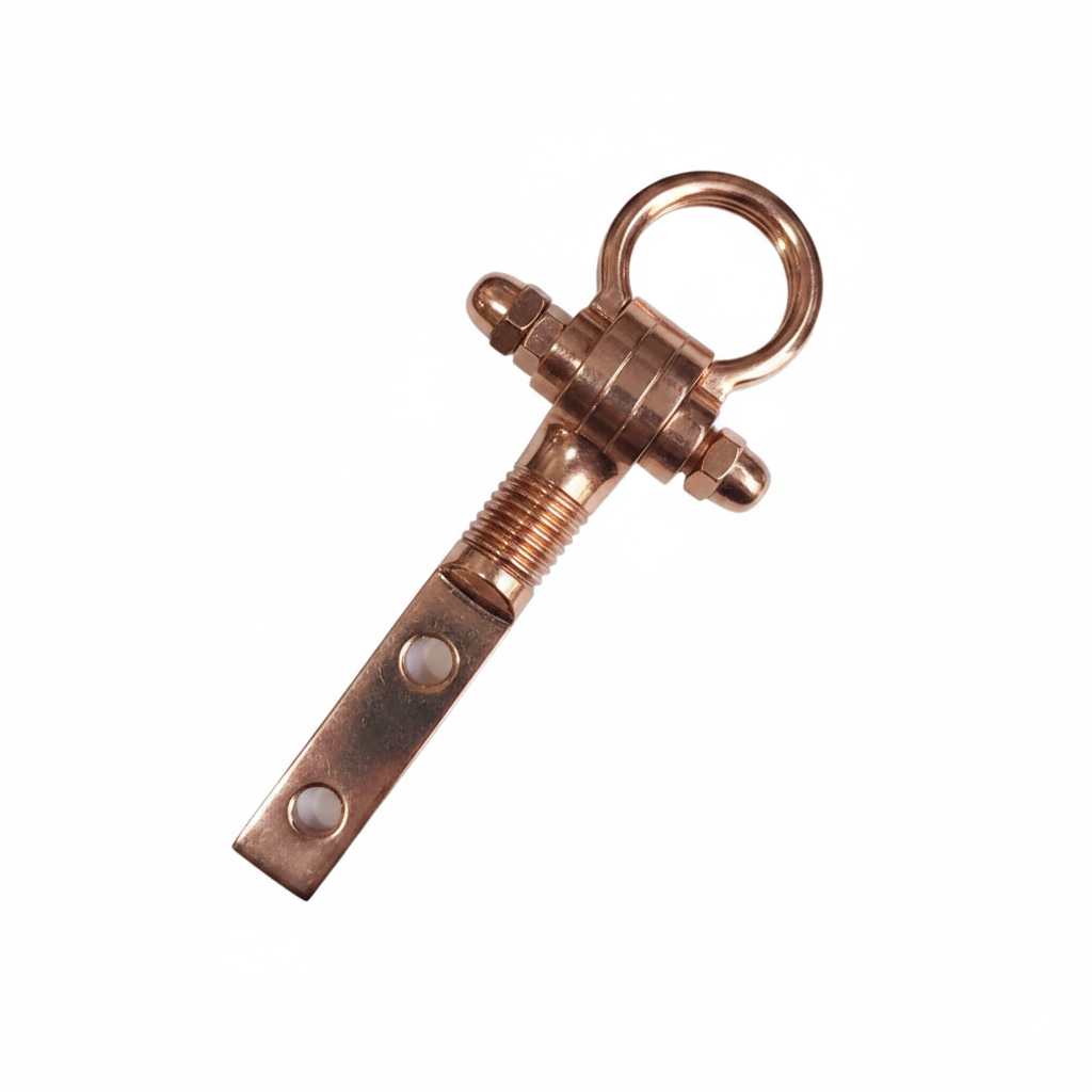 Rose gold finish bolt kada jhula hook with a vertical mounting plate and heavy-duty adjustable nuts for decorative ceiling swings.