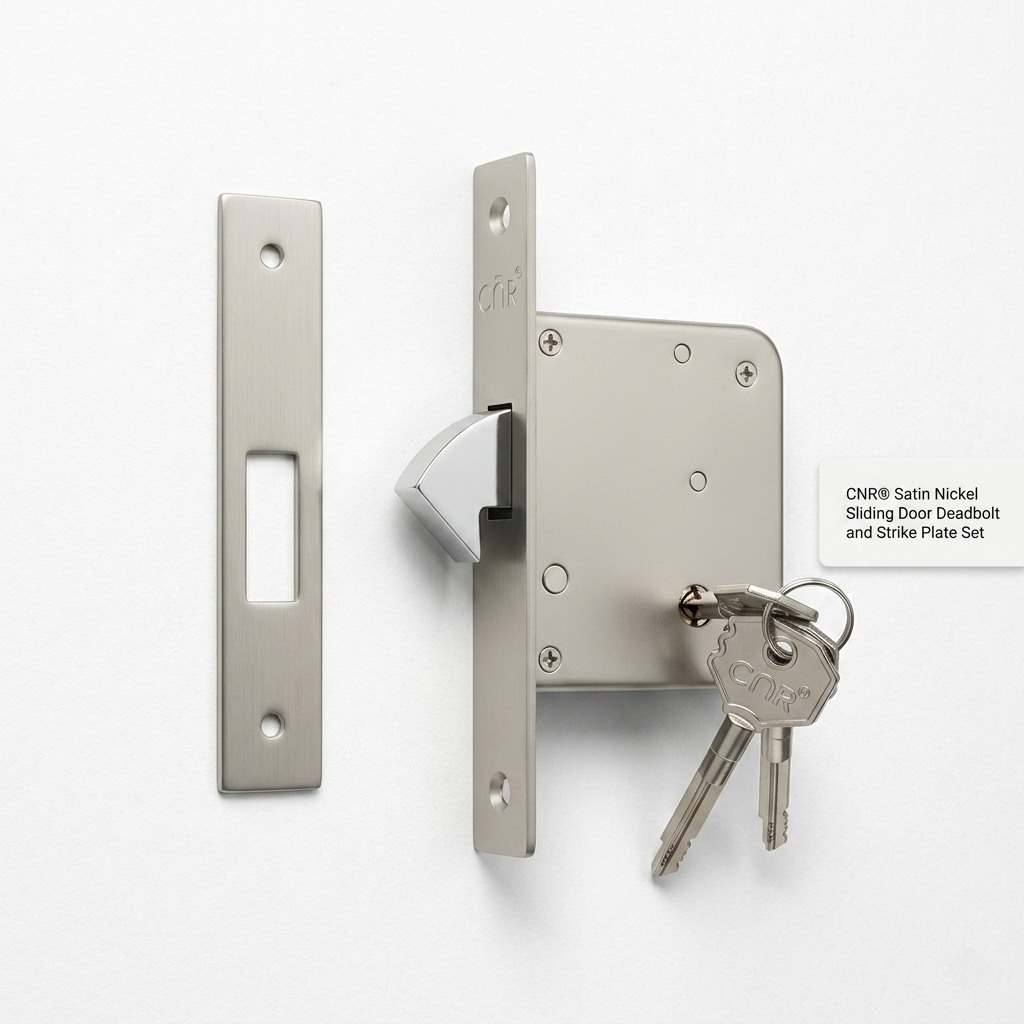 A premium CNR sliding door deadbolt and strike plate set featuring a sophisticated satin nickel finish. The image shows the mortise lock body with a hooked bolt mechanism, a matching metal strike plate, and a set of keys. This durable hardware is designed specifically for securing sliding wooden doors or cabinets, providing a minimalist aesthetic and reliable protection for modern residential and commercial interiors.