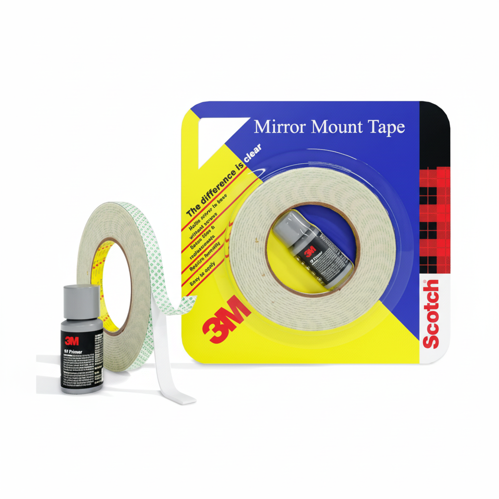 A retail package and loose roll of 3M Scotch Mirror Mount Tape shown with a bottle of 3M primer. This double-sided white foam tape is designed for permanent, moisture-resistant mounting of mirrors on interior surfaces.