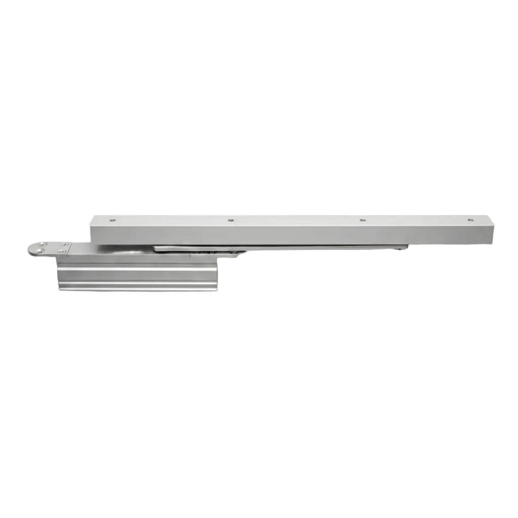 A heavy-duty concealed door closer with a sleek slide arm and track assembly, shown in a silver aluminum finish, designed for hidden installation within door frames for a minimalist aesthetic.