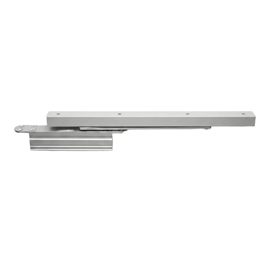 A heavy-duty concealed door closer with a sleek slide arm and track assembly, shown in a silver aluminum finish, designed for hidden installation within door frames for a minimalist aesthetic.