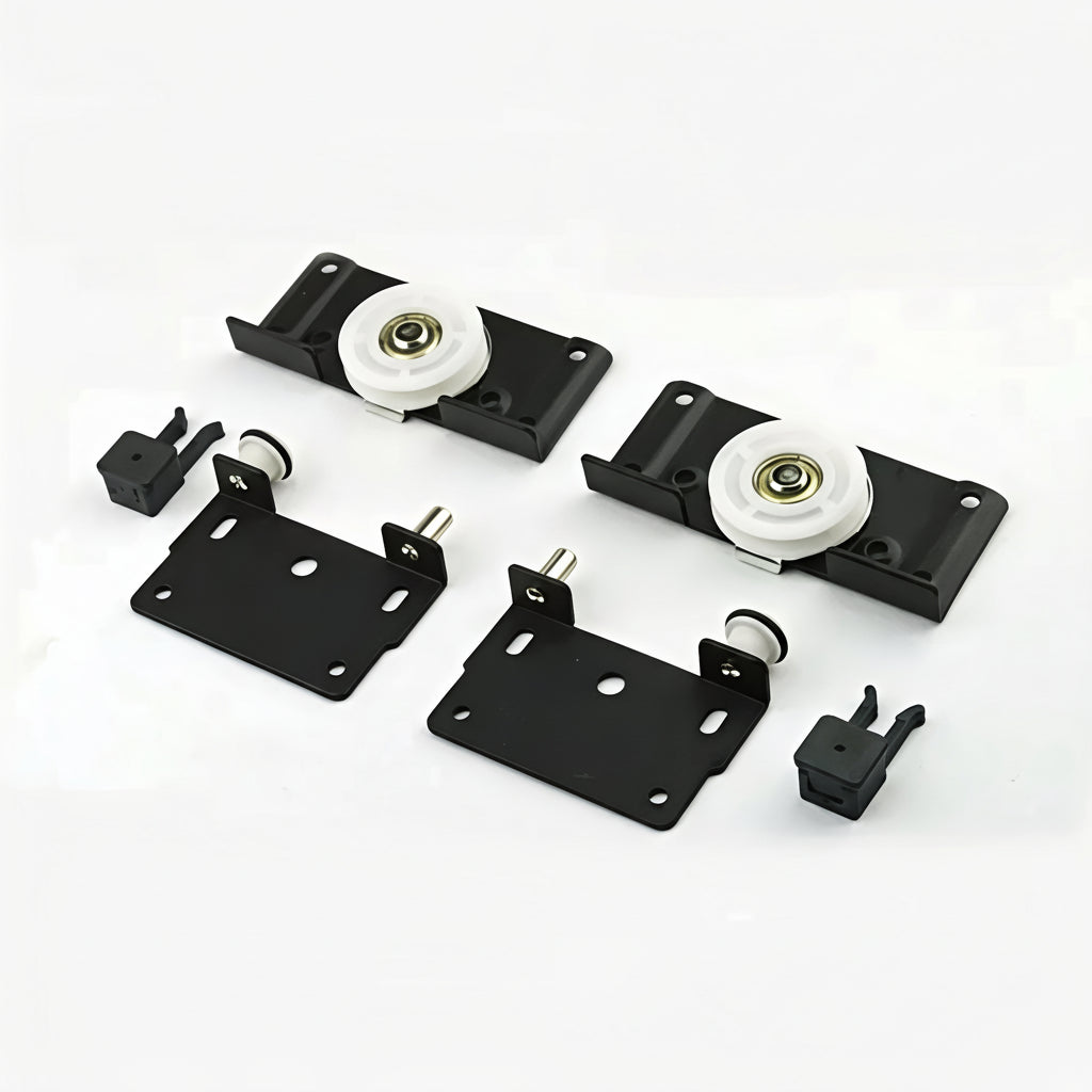 A heavy-duty sliding door roller fitting featuring a durable black metal bracket and a smooth-rolling white nylon wheel. This set includes the main roller assembly and a matching guide plate with pre-drilled mounting holes, designed for seamless operation in wardrobe and cabinet sliding systems.
