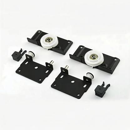 A heavy-duty sliding door roller fitting featuring a durable black metal bracket and a smooth-rolling white nylon wheel. This set includes the main roller assembly and a matching guide plate with pre-drilled mounting holes, designed for seamless operation in wardrobe and cabinet sliding systems.