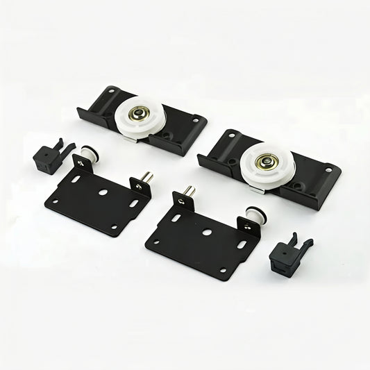 A heavy-duty sliding door roller fitting featuring a durable black metal bracket and a smooth-rolling white nylon wheel. This set includes the main roller assembly and a matching guide plate with pre-drilled mounting holes, designed for seamless operation in wardrobe and cabinet sliding systems.