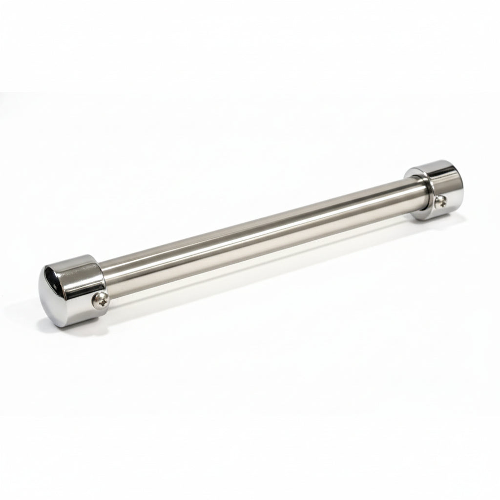 A complete stainless steel glass railing handle assembly featuring a brushed metal rod and two polished chrome end caps. The assembly includes integrated side screws on the end caps for secure mounting, providing a durable and professional finish for modern architectural staircases and balcony balustrades.