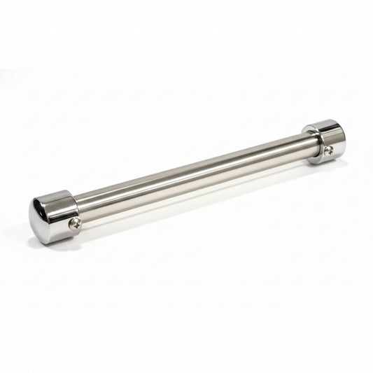 A complete stainless steel glass railing handle assembly featuring a brushed metal rod and two polished chrome end caps. The assembly includes integrated side screws on the end caps for secure mounting, providing a durable and professional finish for modern architectural staircases and balcony balustrades.