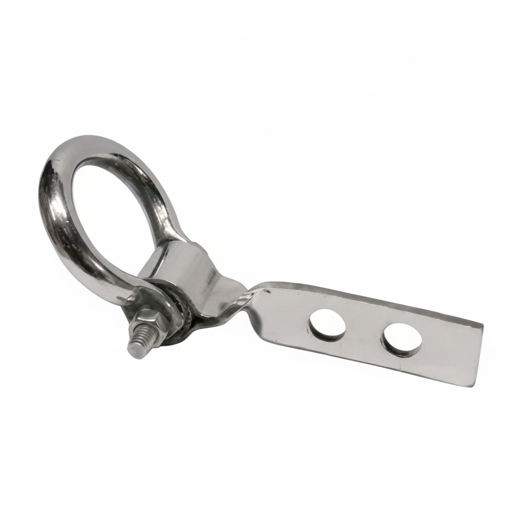 A heavy-duty DLP102 Twist Kada ceiling hook made from high-grade stainless steel with a polished chrome finish. This durable hardware features a unique twisted mounting plate for versatile installation, a high-strength circular ring for 360-degree rotation, and a secure bolt lock—ideal for ceiling fans, swings, and heavy industrial hanging requirements.