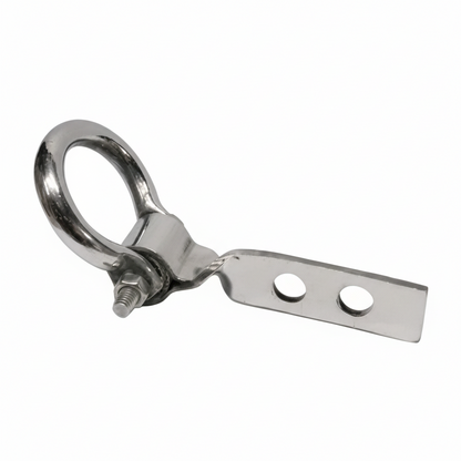 A heavy-duty DLP102 Twist Kada ceiling hook made from high-grade stainless steel with a polished chrome finish. This durable hardware features a unique twisted mounting plate for versatile installation, a high-strength circular ring for 360-degree rotation, and a secure bolt lock—ideal for ceiling fans, swings, and heavy industrial hanging requirements.