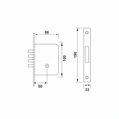 Technical dimensional drawing for a Starkey multi-bolt mortise lock body showing a 50mm backset, 86mm total case depth, 190mm faceplate height, and a high-security four-bullet deadbolt system for main doors.