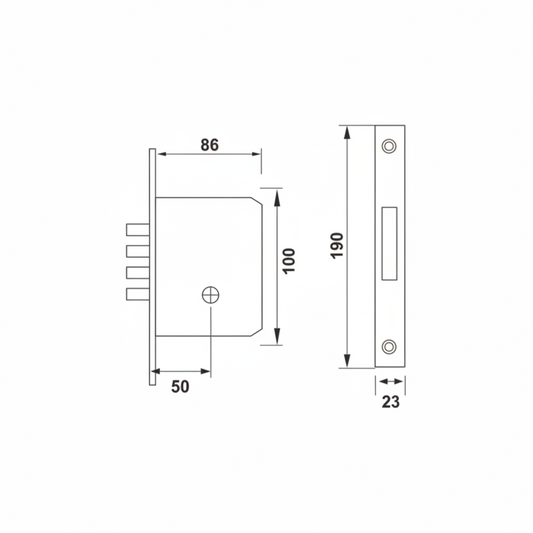 Technical dimensional drawing for a Starkey multi-bolt mortise lock body showing a 50mm backset, 86mm total case depth, 190mm faceplate height, and a high-security four-bullet deadbolt system for main doors.