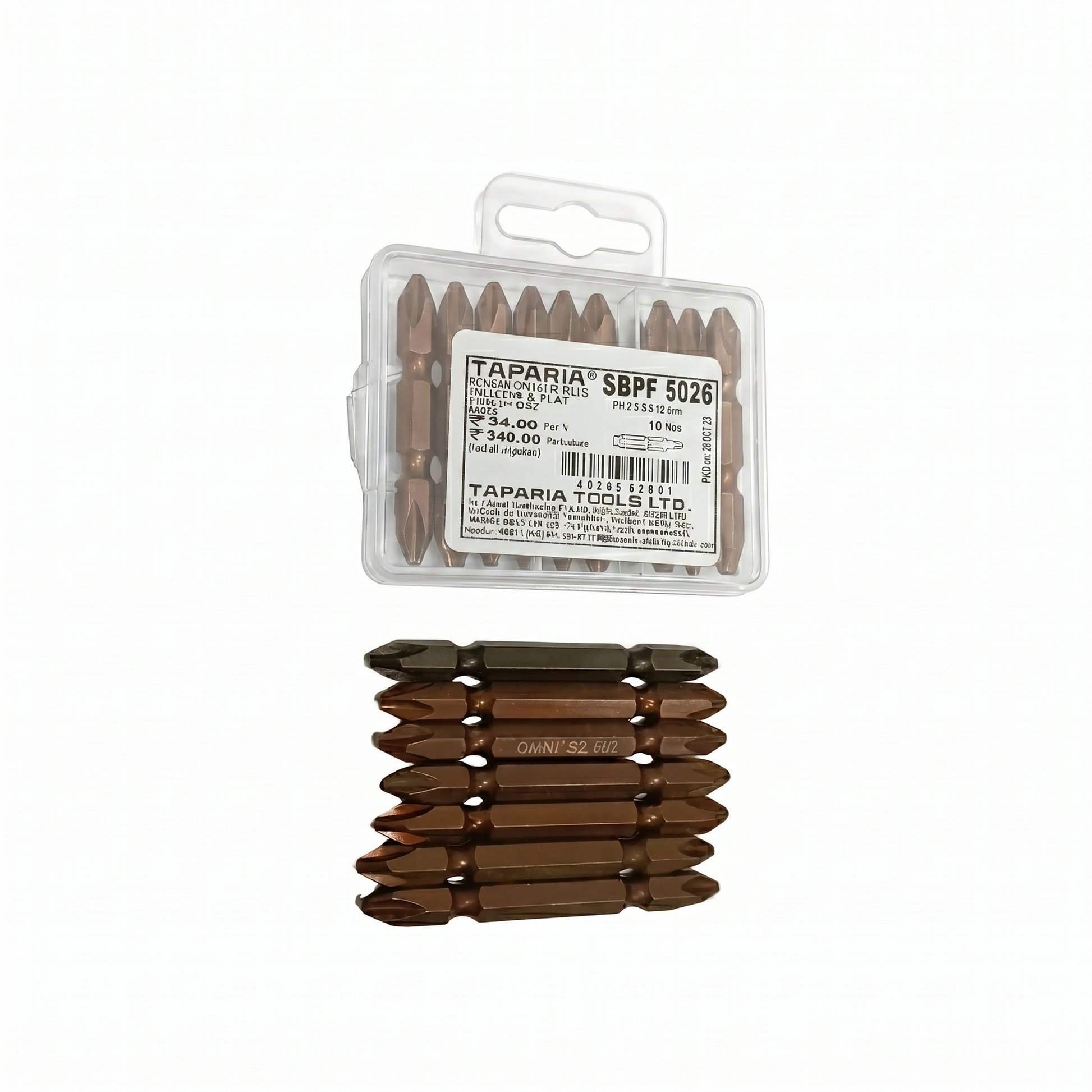 Taparia SBPF 5026 10-piece screwdriver bit set featuring PH2 double-ended Phillips head bits made from high-quality S2 steel with a corrosion-resistant bronze finish for industrial and DIY use.