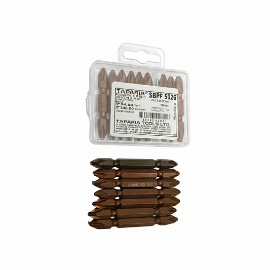Taparia SBPF 5026 10-piece screwdriver bit set featuring PH2 double-ended Phillips head bits made from high-quality S2 steel with a corrosion-resistant bronze finish for industrial and DIY use.