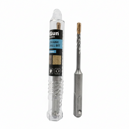 TCH Rotatory SDS Plus Shank Masonry Drill Bits, suitable for use on rotatory hammer drills. (Top): A full, long masonry drill bit on a white background with prominent TCH branding and specifications including 'CARBIDE TIPPED', 'Use on rotatory hammer drill only', 'Safety Goggles Mandatory', and relevant material application text for Concrete, Stone, and Brick, featuring a concrete block icon. (Bottom): Three specific size variations of the SDS Plus drill bits.