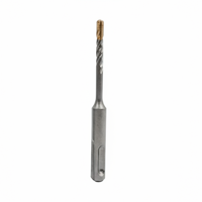 TCH Rotatory SDS Plus Shank Masonry Drill Bits, suitable for use on rotatory hammer drills. (Top): A full, long masonry drill bit on a white background with prominent TCH branding and specifications including 'CARBIDE TIPPED', 'Use on rotatory hammer drill only', 'Safety Goggles Mandatory', and relevant material application text for Concrete, Stone, and Brick, featuring a concrete block icon. (Bottom): Three specific size variations of the SDS Plus drill bits.
