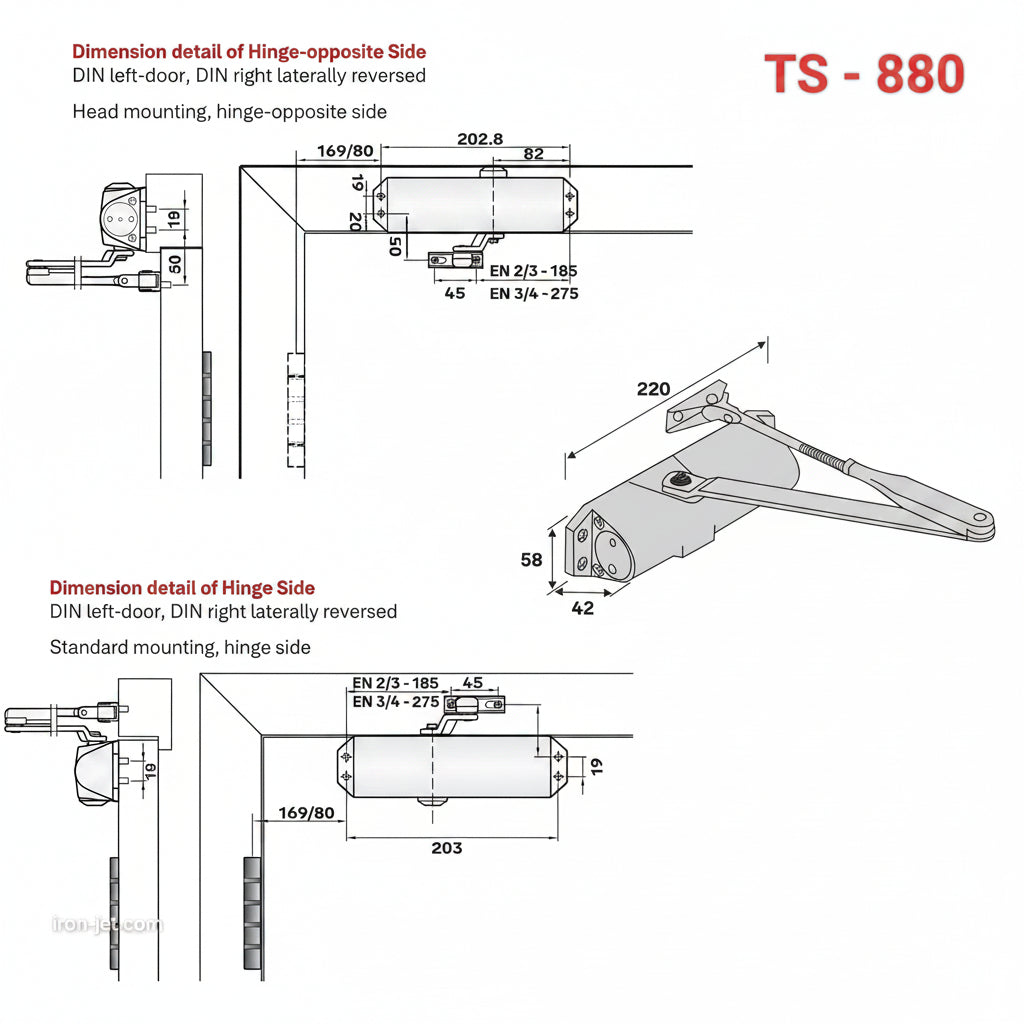 A comprehensive technical dimension diagram for the TS-880 surface-mounted hydraulic door closer. The schematic details installation specifications for both hinge-side and hinge-opposite side mounting, including unit measurements of 220mm length, 58mm height, and 42mm width. This architectural drawing provides precise mounting hole patterns and screw placements for EN 2/3 and EN 3/4 configurations, essential for professional installation on commercial and residential doors.