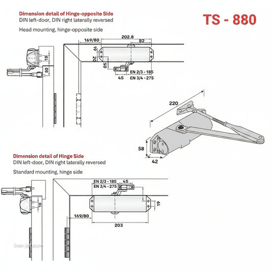 A comprehensive technical dimension diagram for the TS-880 surface-mounted hydraulic door closer. The schematic details installation specifications for both hinge-side and hinge-opposite side mounting, including unit measurements of 220mm length, 58mm height, and 42mm width. This architectural drawing provides precise mounting hole patterns and screw placements for EN 2/3 and EN 3/4 configurations, essential for professional installation on commercial and residential doors.