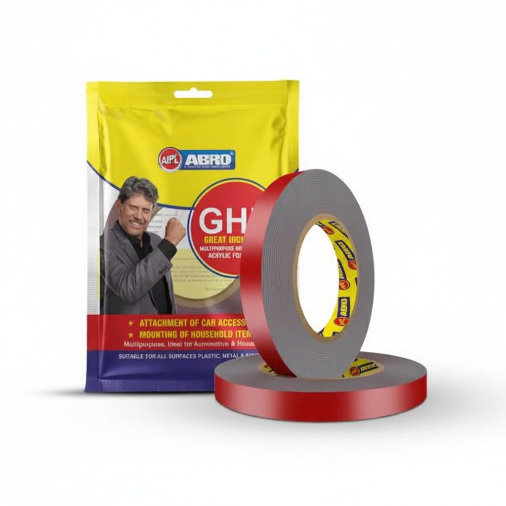 A retail pack and two rolls of ABRO Grey High Bond (GHB) double-sided acrylic foam tape with a red liner. This 0.8mm thick, heavy-duty adhesive is designed for the attachment of car accessories and mounting household items on plastic, metal, and glass surfaces.