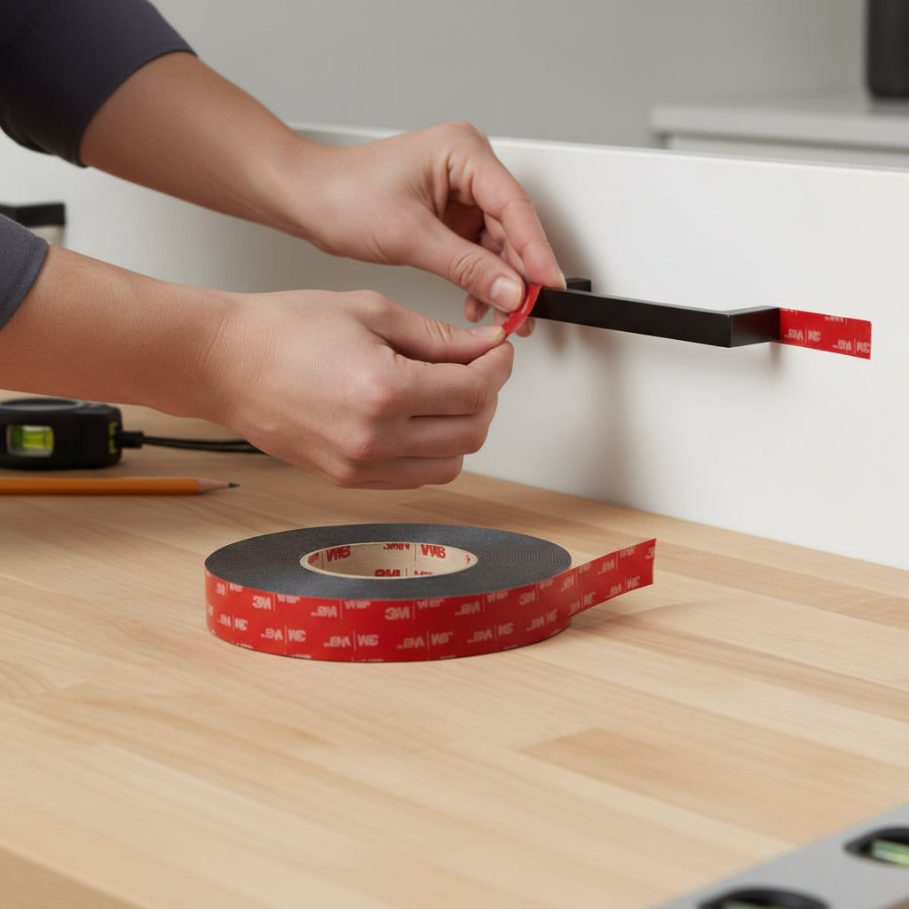 A person's hands applying 3M VHB double-sided foam tape to a black cabinet handle to demonstrate the mounting process on a white drawer. This image shows the heavy-duty adhesive tape being used for home hardware installation and DIY projects.