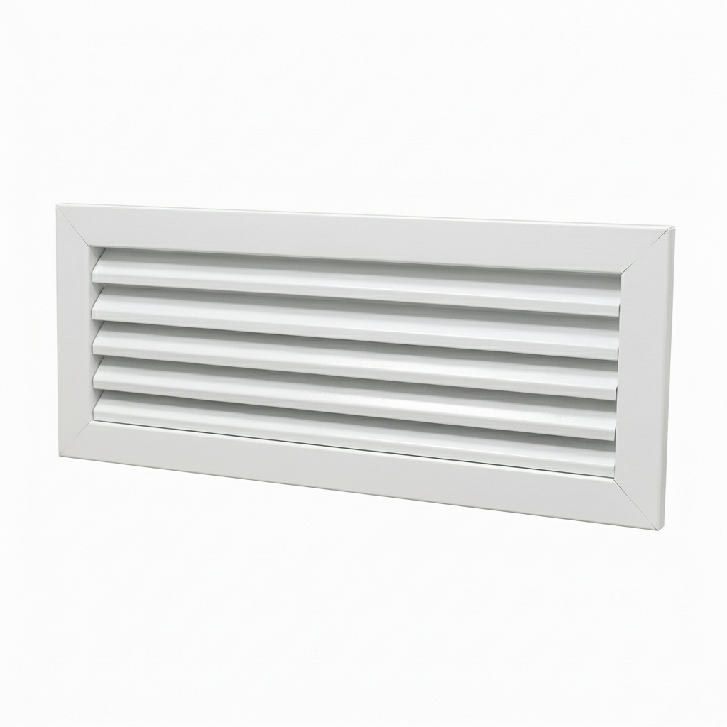 A rectangular white powder-coated aluminum louvre air vent grille. The image showcases the fixed angled blades designed for efficient airflow and ventilation, ideal for wall-mounted installation in residential and commercial HVAC systems to provide a clean, professional finish.