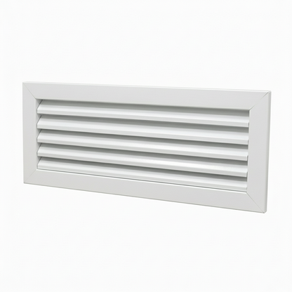 A rectangular white powder-coated aluminum louvre air vent grille. The image showcases the fixed angled blades designed for efficient airflow and ventilation, ideal for wall-mounted installation in residential and commercial HVAC systems to provide a clean, professional finish.