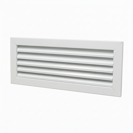 A rectangular white powder-coated aluminum louvre air vent grille. The image showcases the fixed angled blades designed for efficient airflow and ventilation, ideal for wall-mounted installation in residential and commercial HVAC systems to provide a clean, professional finish.